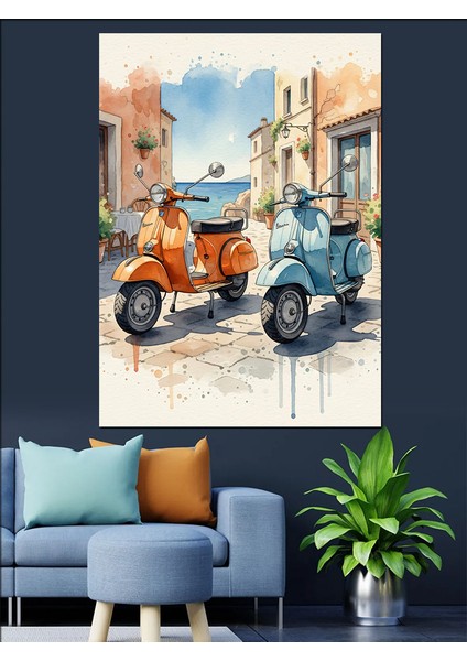 Mavi Gri Scooter'lar Dekoratif Kanvas - Mdf Ahşap Tablo fiyatları