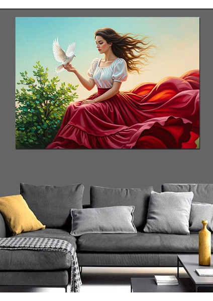 Rüzgarda Saçları Savrulan Güvercinli Kadın Dekoratif Kanvas - Mdf Ahşap Tablo