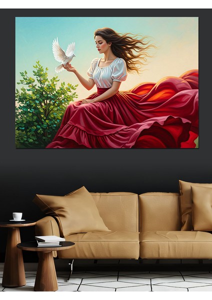 Rüzgarda Saçları Savrulan Güvercinli Kadın Dekoratif Kanvas - Mdf Ahşap Tablo fiyatları