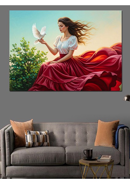 Rüzgarda Saçları Savrulan Güvercinli Kadın Dekoratif Kanvas - Mdf Ahşap Tablo fırsatları
