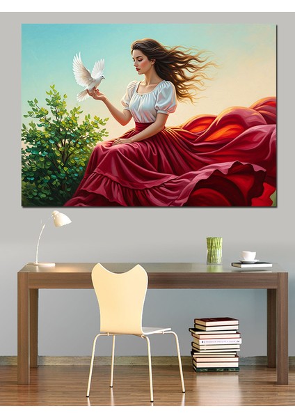 Rüzgarda Saçları Savrulan Güvercinli Kadın Dekoratif Kanvas - Mdf Ahşap Tablo indirimleri