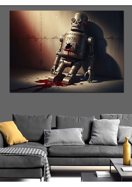 Zamana Yenilen Retro Robot Metaforu Dekoratif Kanvas - Mdf Ahşap Tablo