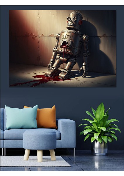 Zamana Yenilen Retro Robot Metaforu Dekoratif Kanvas - Mdf Ahşap Tablo modelleri