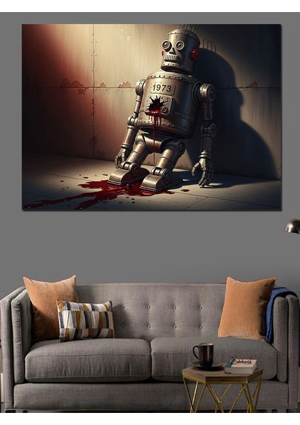 Zamana Yenilen Retro Robot Metaforu Dekoratif Kanvas - Mdf Ahşap Tablo fırsatları