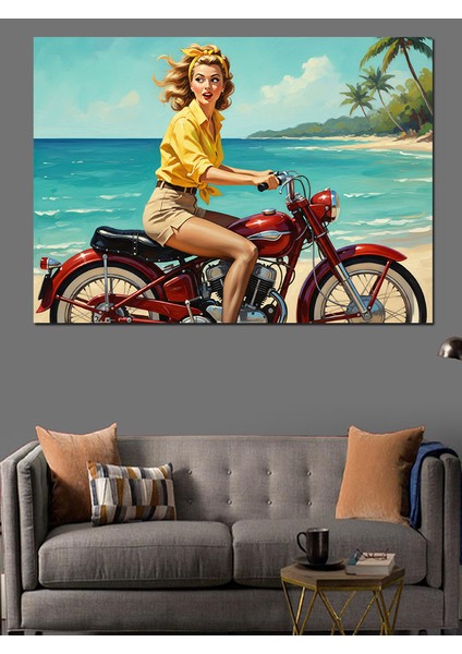 Motosikletli Retro Pin-Up Kadın Dekoratif Kanvas - Mdf Ahşap Tablo