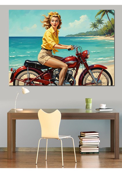 Motosikletli Retro Pin-Up Kadın Dekoratif Kanvas - Mdf Ahşap Tablo fiyatları
