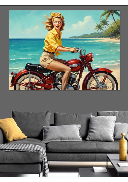 Motosikletli Retro Pin-Up Kadın Dekoratif Kanvas - Mdf Ahşap Tablo modelleri