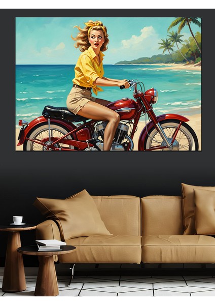 Motosikletli Retro Pin-Up Kadın Dekoratif Kanvas - Mdf Ahşap Tablo fırsatları