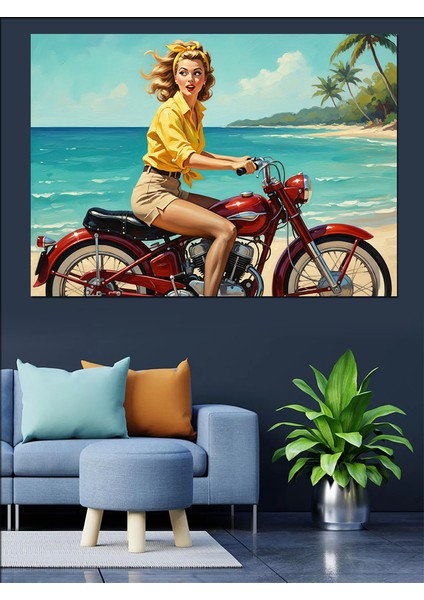 Motosikletli Retro Pin-Up Kadın Dekoratif Kanvas - Mdf Ahşap Tablo indirimleri