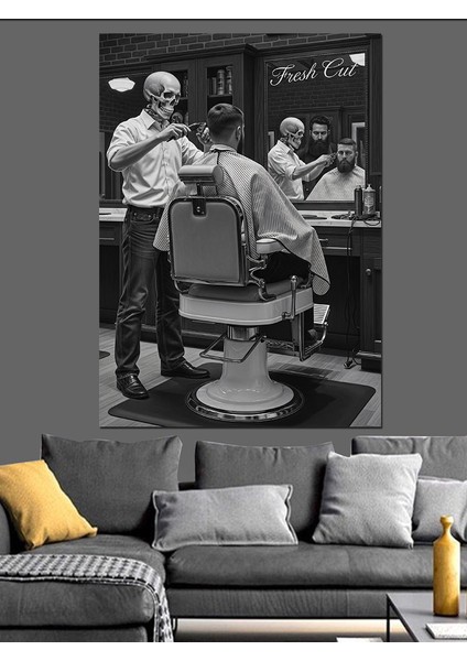 Siyah Beyaz Eski Berber Salonu Dekoratif Kanvas - Mdf Ahşap Tablo