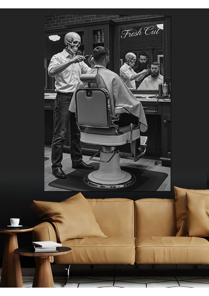 Siyah Beyaz Eski Berber Salonu Dekoratif Kanvas - Mdf Ahşap Tablo fırsatları