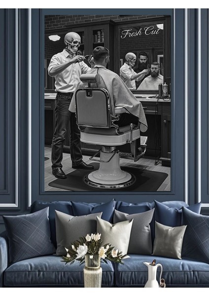 Siyah Beyaz Eski Berber Salonu Dekoratif Kanvas - Mdf Ahşap Tablo indirimleri