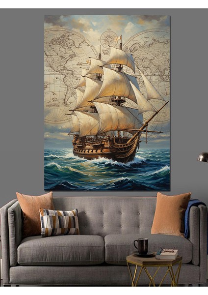 Yelkenli Gemi ve Okyanus Dekoratif Kanvas - Mdf Ahşap Tablo