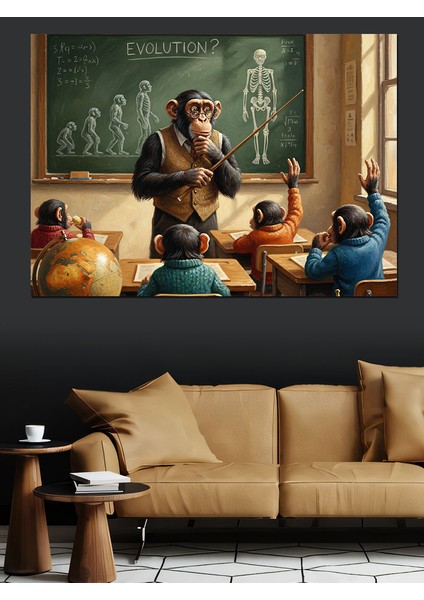 Matematik Tahtası Öğretmen ve Öğrenci Maymunlar Dekoratif Kanvas - Mdf Ahşap Tablo