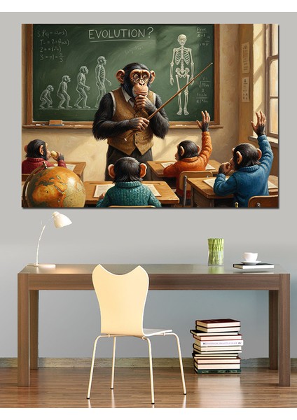 Matematik Tahtası Öğretmen ve Öğrenci Maymunlar Dekoratif Kanvas - Mdf Ahşap Tablo fırsatları