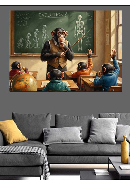 Matematik Tahtası Öğretmen ve Öğrenci Maymunlar Dekoratif Kanvas - Mdf Ahşap Tablo indirimleri