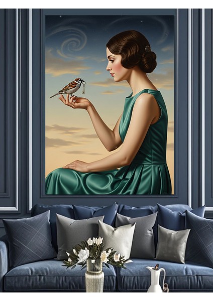 Kuş Tutan Zarif Kadın Dekoratif Kanvas - Mdf Ahşap Tablo