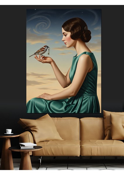Kuş Tutan Zarif Kadın Dekoratif Kanvas - Mdf Ahşap Tablo fiyatları
