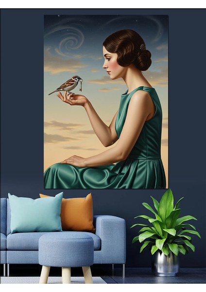 Kuş Tutan Zarif Kadın Dekoratif Kanvas - Mdf Ahşap Tablo modelleri