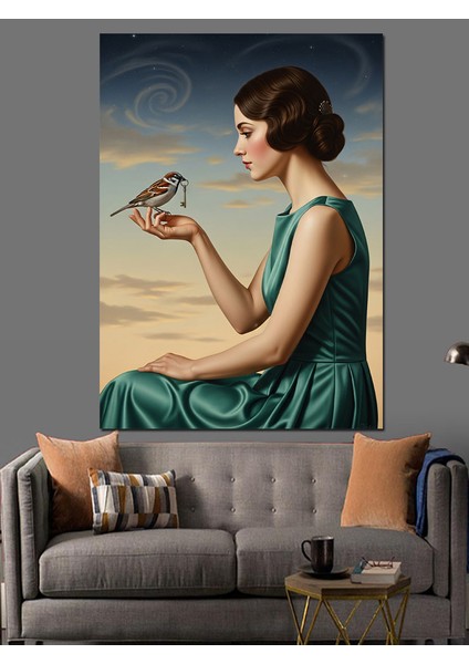 Kuş Tutan Zarif Kadın Dekoratif Kanvas - Mdf Ahşap Tablo fırsatları