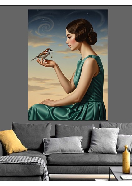 Kuş Tutan Zarif Kadın Dekoratif Kanvas - Mdf Ahşap Tablo indirimleri