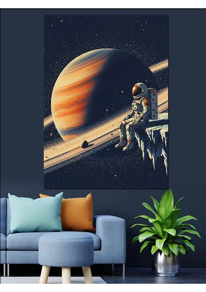 Uzayda Gezegen Manzarası Astranot Dekoratif Kanvas - Mdf Ahşap Tablo
