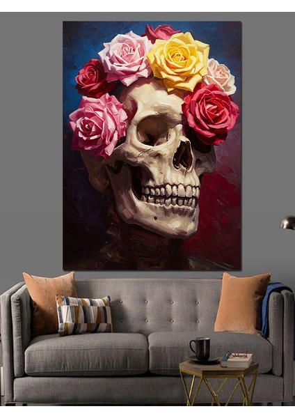 Çiçek Taçlı Kurukafa Illüstrasyon Dekoratif Kanvas - Mdf Ahşap Tablo