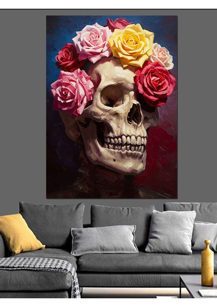 Çiçek Taçlı Kurukafa Illüstrasyon Dekoratif Kanvas - Mdf Ahşap Tablo fiyatları