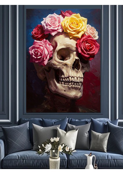 Çiçek Taçlı Kurukafa Illüstrasyon Dekoratif Kanvas - Mdf Ahşap Tablo modelleri