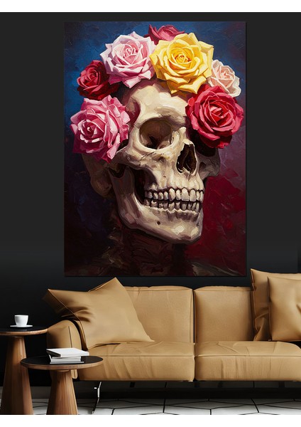 Çiçek Taçlı Kurukafa Illüstrasyon Dekoratif Kanvas - Mdf Ahşap Tablo fırsatları