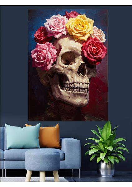 Çiçek Taçlı Kurukafa Illüstrasyon Dekoratif Kanvas - Mdf Ahşap Tablo indirimleri