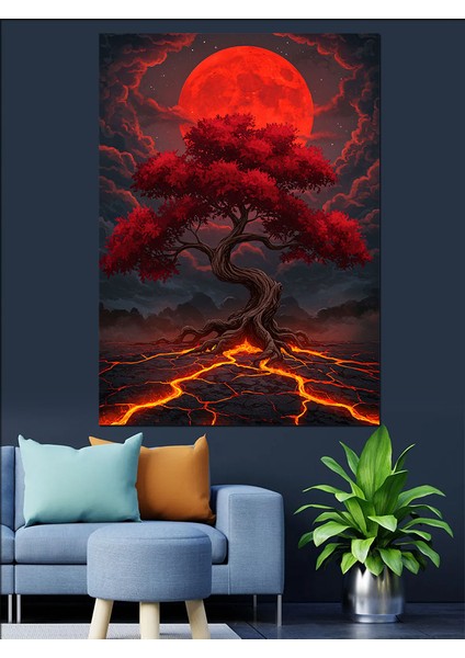 Kırmızı Ağaç Kanlı Manzara Dekoratif Kanvas - Mdf Ahşap Tablo