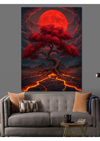 Kırmızı Ağaç Kanlı Manzara Dekoratif Kanvas - Mdf Ahşap Tablo fiyatları