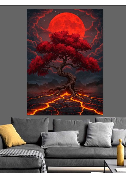 Kırmızı Ağaç Kanlı Manzara Dekoratif Kanvas - Mdf Ahşap Tablo modelleri