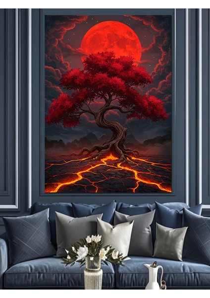 Kırmızı Ağaç Kanlı Manzara Dekoratif Kanvas - Mdf Ahşap Tablo fırsatları