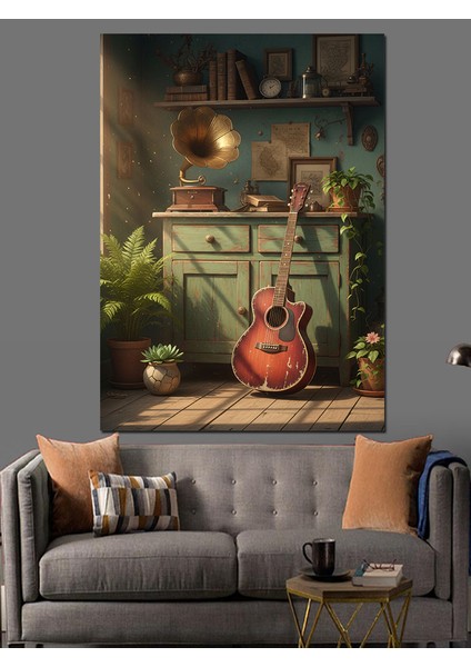Iç Mekanda Akustik Gitar Dekoratif Kanvas - Mdf Ahşap Tablo