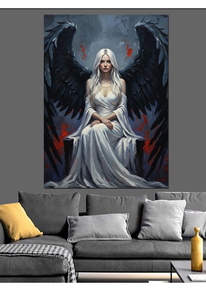 Beyaz Kanatlı Oturan Melek Dekoratif Kanvas - Mdf Ahşap Tablo