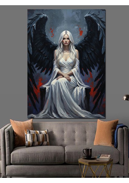 Beyaz Kanatlı Oturan Melek Dekoratif Kanvas - Mdf Ahşap Tablo fiyatları