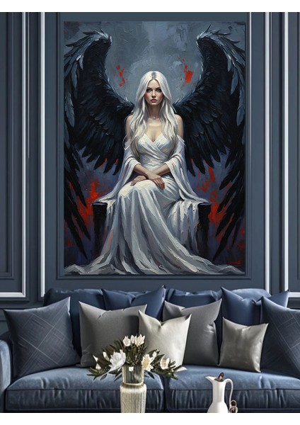 Beyaz Kanatlı Oturan Melek Dekoratif Kanvas - Mdf Ahşap Tablo indirimleri