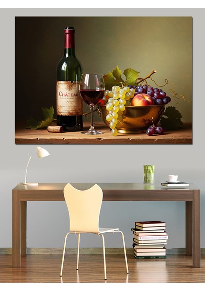 Şarap Şişesi Meyveler Tablosu Dekoratif Kanvas - Mdf Ahşap Tablo