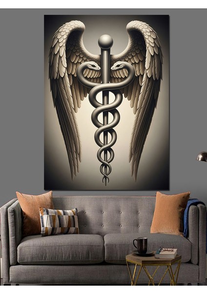 Yılanlı Asa Tıp Sembolü Dekoratif Kanvas - Mdf Ahşap Tablo