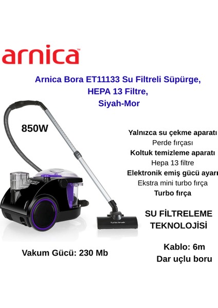850W Toz Torbasız Bora ET11133 Su Filtreli Süpürge, Hepa 13 Filtre, Siyah-Mor