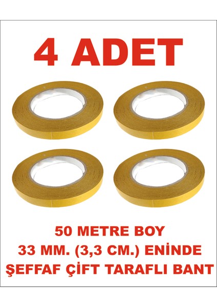 Çift Taraflı Şeffaf Sarı Bant 33 mm Eninde 50 M. Uzunlukta 4 Adet Gönderilmektedir.