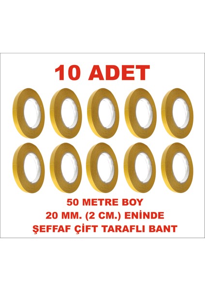Çift Taraflı Şeffaf Sarı Bant 20 mm Eninde 50 M. Uzunlukta 10 Adet Gönderilmektedir.