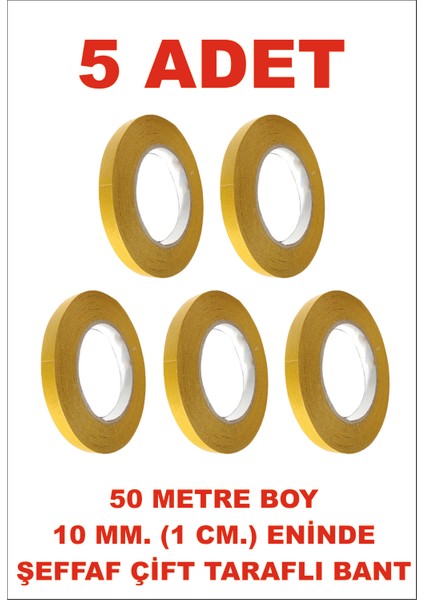 Çift Taraflı Şeffaf Sarı Bant 10 mm Eninde 50 M. Uzunlukta 5 Adet Gönderilmektedir.