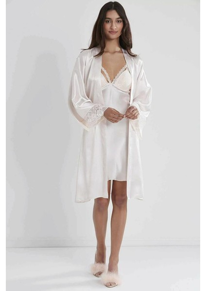 Sütyen Kaplı Sabahlık Gecelik Set 4250 Ekru