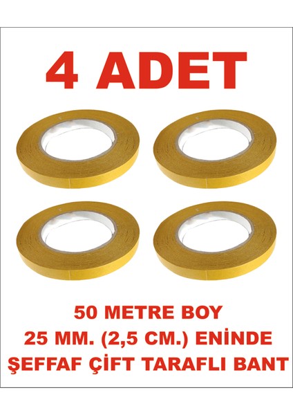 Çift Taraflı Şeffaf Sarı Bant 25 mm Eninde 50 M. Uzunlukta 4 Adet Gönderilmektedir.