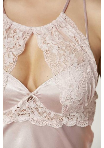 Saten Dantelli Gecelik ve Sabahlık Takımı 4375 Pudra modelleri