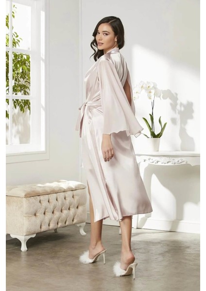 Saten Dantelli Gecelik ve Sabahlık Takımı 4375 Pudra indirimleri