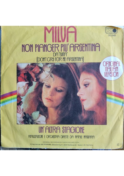 Milva – Non Pianger Più Argentina Orijinal Dönem Baskı 45'lik Plak